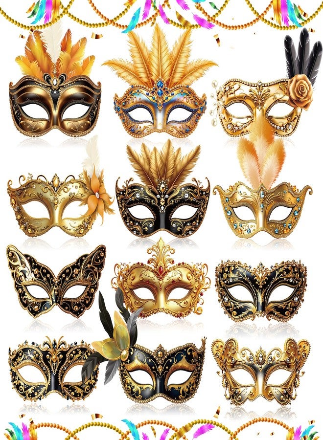 Woosytoo 12 PCS Mardi Gras Masks Paper Glitter Gold Masquerade Mask Vintage Feather Masks Parade Prom Party Favors for Men Women Kids New Orleans Mardi Gras Photo Booth Props - Image 1